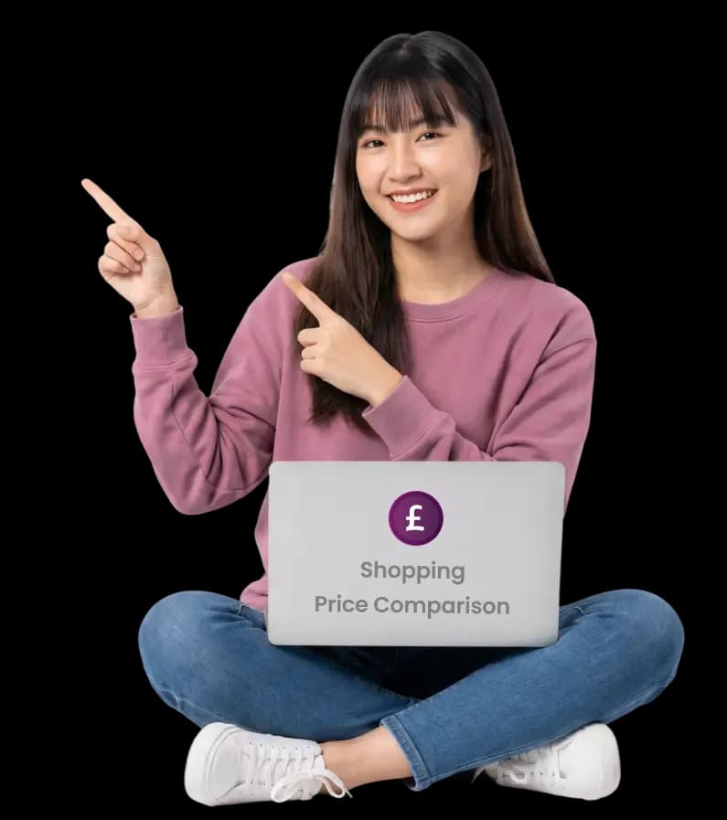 Smiling young woman sitting cross-legged with a laptop labeled “Shopping Price Comparison” and a pound symbol, pointing to the faqs.