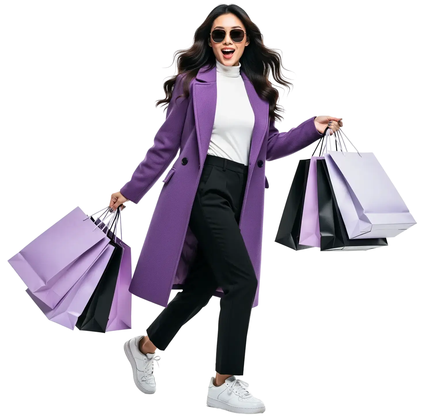 Stylish woman in a purple coat and sunglasses walking while carrying multiple shopping bags in both hands.