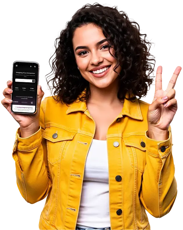 Smiling woman in a yellow jacket holding a smartphone with a blank screen and making a peace sign.