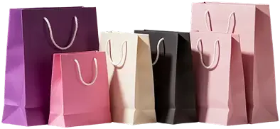 Set of colorful shopping bags in purple, pink, beige, black, and light pink with rope handles arranged in a row.