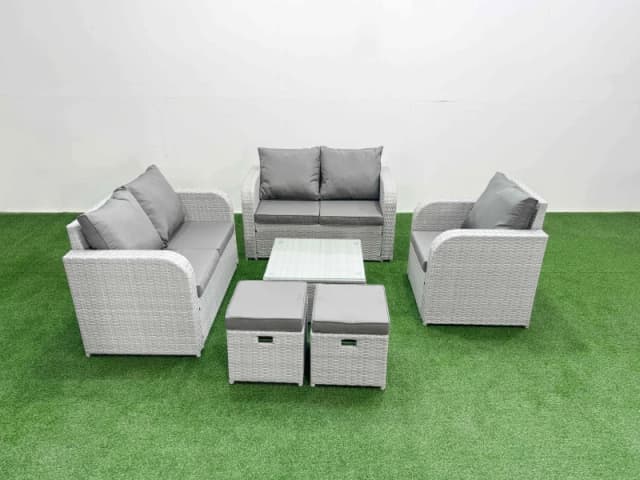 Fimous High Back Poly Rattan Garden Furniture Set with Reclining Chair Loveseat Sofa Square Coffee Table Indoor Outdoor Patio Set 2 Stool Light Grey