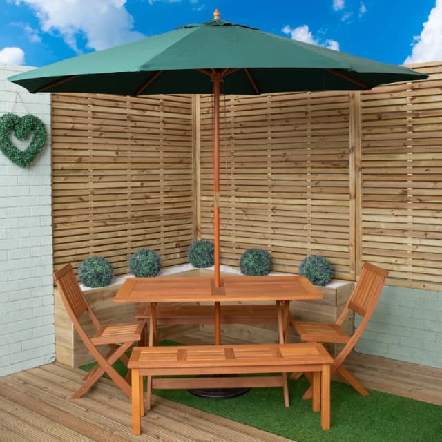 Outdoor 6 Person Rectangular Wooden Garden Dining Table, 2 Benches, Chairs with Green Parasol and Base Set