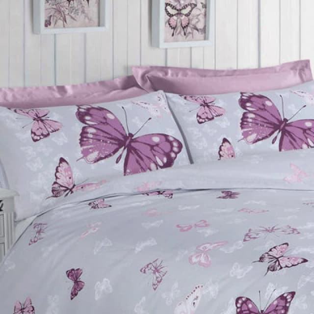 Velosso Butterfly Glaze Cotton Rich Printed Duvet Cover & Pillowcase Set in Grey Size: Double Grey Unisex Double