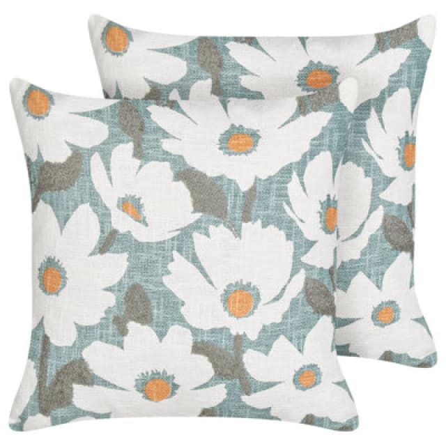 Beliani Set Of 2 Decorative Cushions Jatropha Cotton 45 X 45cm Light Blue Floral Pattern