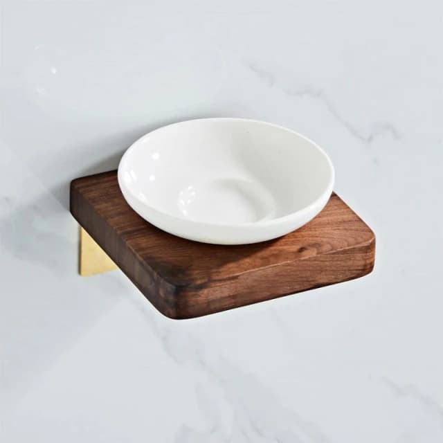 Nes Home Abloh Luxury Ceramic Soap dish with Shelf Wooden Walnut & Brushed Gold White