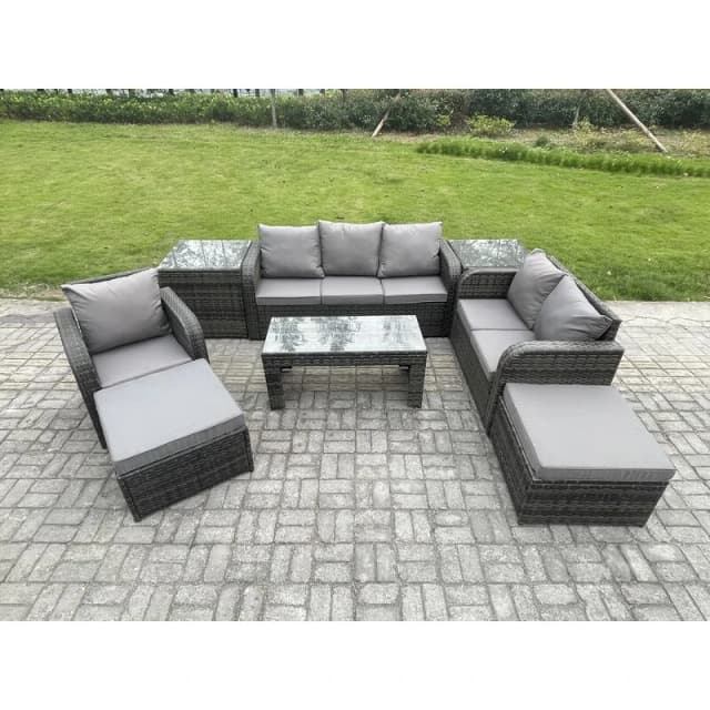 Fimous 8 Seater High Back Rattan Garden Furniture Set with Reclining Chair Rectangular Coffee Table 2 Side Tables 2 Big Footstool Indoor Outdoor Sofa