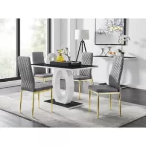 Furniturebox UK - Furniturebox Giovani 4 Black Dining Table & 4 Grey Milan Velvet Dining Chairs With Gold Legs Diamond Stitch Modern Contemporary