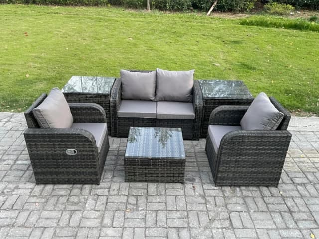 Fimous Wicker PE Rattan Garden Furniture Set Outdoor Lounge Sofa Set with Love Sofa Square Coffee Table 2 Side Table Dark Grey