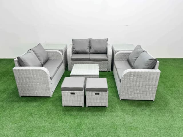 Fimous 8 Seater PE Wicker Rattan Furniture Sofa Sets with Square Coffee Table 2 Seater Love Sofa 2 Stool 2 Side Table Light Grey Light Grey