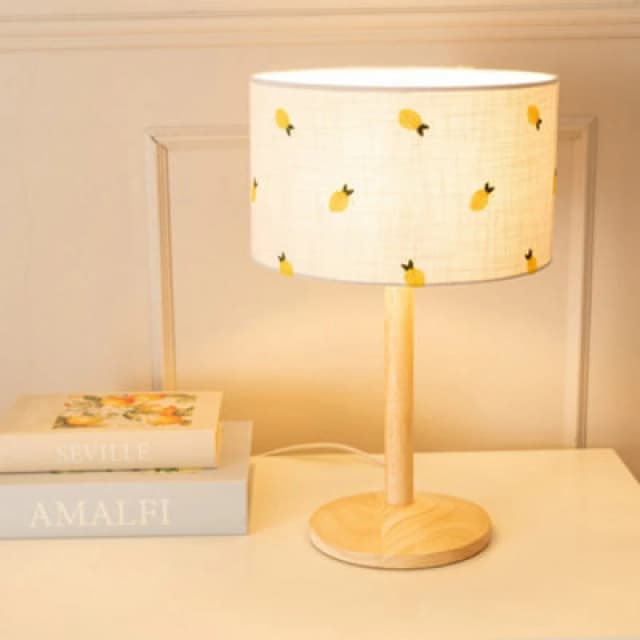ValueLights Triston Natural Light Wood Stem Table Lamp with Lemon Embroidered Lamp Shade Natural