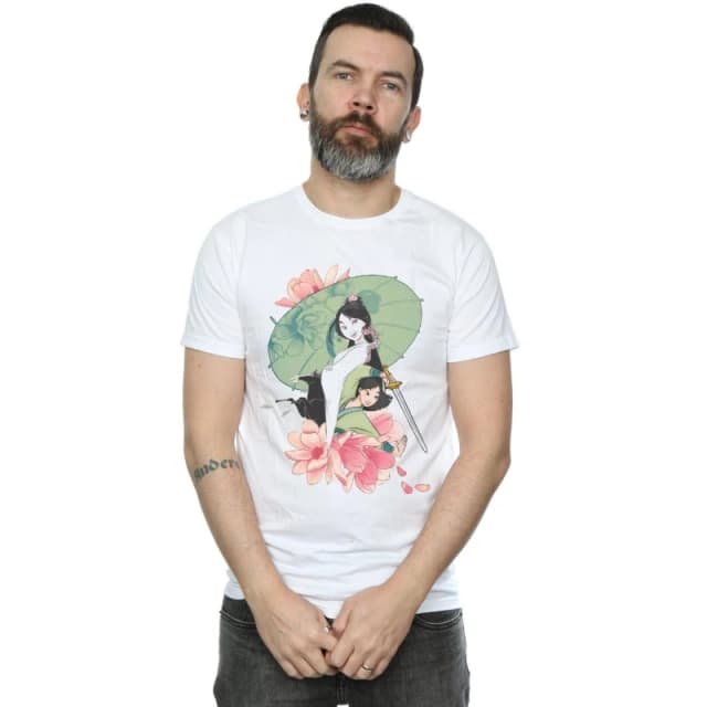 Disney Men Mulan Magnolia Collage T-Shirt in White Size: Small White S Male 5059308812124