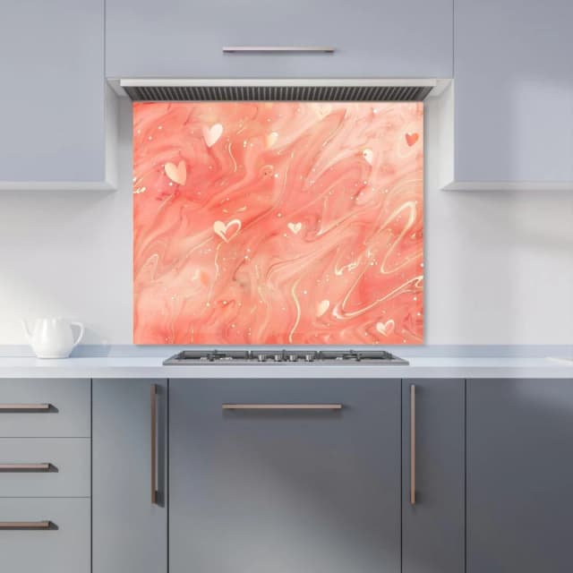 Warren Reed - Designer Salmon Pink With Hearts Marble Effect Kitchen Splashback Size: 600mm x 750mm Pink Unisex 600mm x 750mm