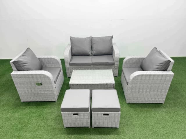 Fimous Light Grey PE Wicker Rattan Garden Furniture Set Sofa Set Reclining Adjustable Chair Rectangular Coffee Table 6 Seater 2 Small Stools Light Gre