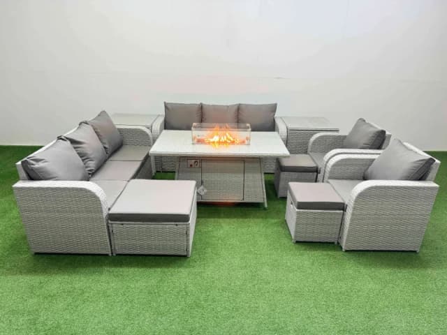Fimous PE Rattan High Back Lounge Sofa Set Patio Firepit Dining Table & Chairs Set with 3 Seater Sofa Reclining Chair 3 Stools 2 Side Table Light Grey