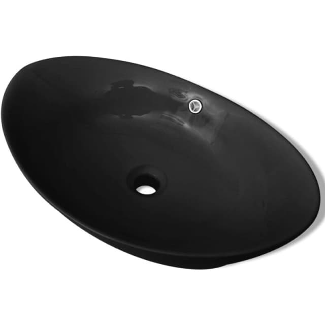 vidaXL Ceramic Basin Oval with Overflow Black 59x38.5x19cm Countertop Sink