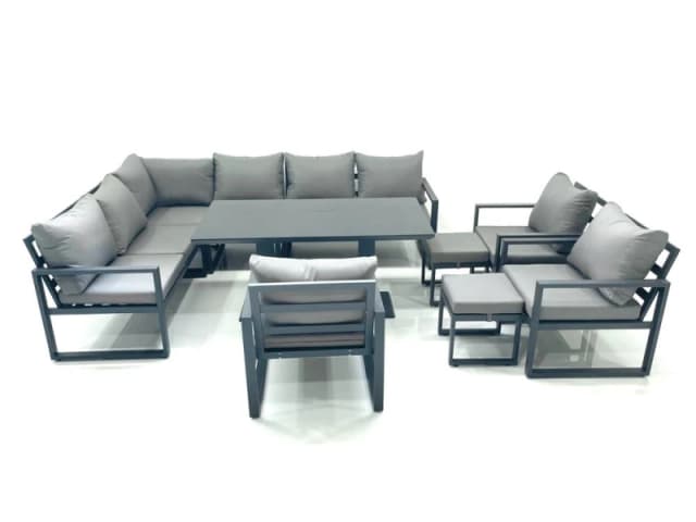 Fimous Aluminum Outdoor Garden Furniture Set Corner Sofa 3 Chair 2 Small Footstool Adjustable Rising Lifting Dining Table Sets Dark Grey Dark Grey Uni