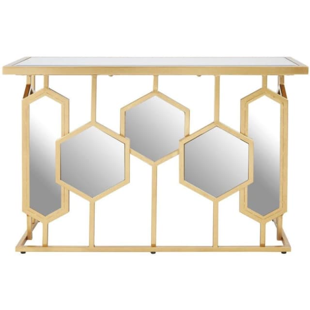 Premier Housewares Geometric Console Table For Sitting Area, Modern Design Decorative Table, Table With Hexagonal Mirror Base Gold
