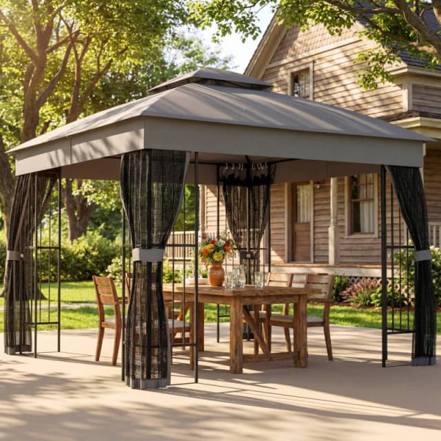 OUTSUNNY 3 x 3m Garden Gazebo with Shelves, UPF50+ Permanent Gazebo in Grey Size: 3m x 3m Grey Unisex 3m x 3m