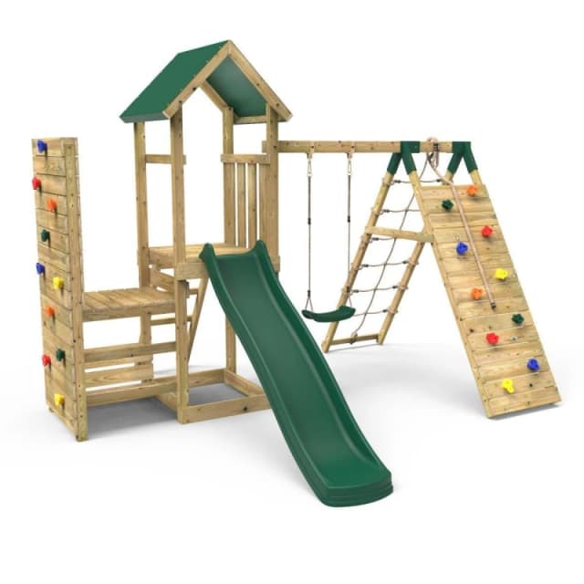 Rebo Wooden Climbing Frame with Swings, Climbing Walls and Slide - Bear Green Green
