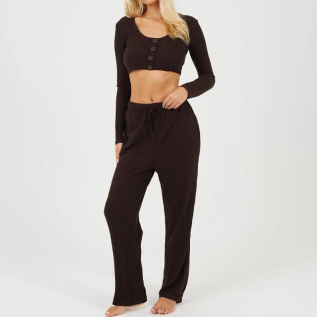 Brave Soul Brave Womens Long Sleeve Cropped Top and Matching Trouser Lounge Set Chocolate female 8 (XS)