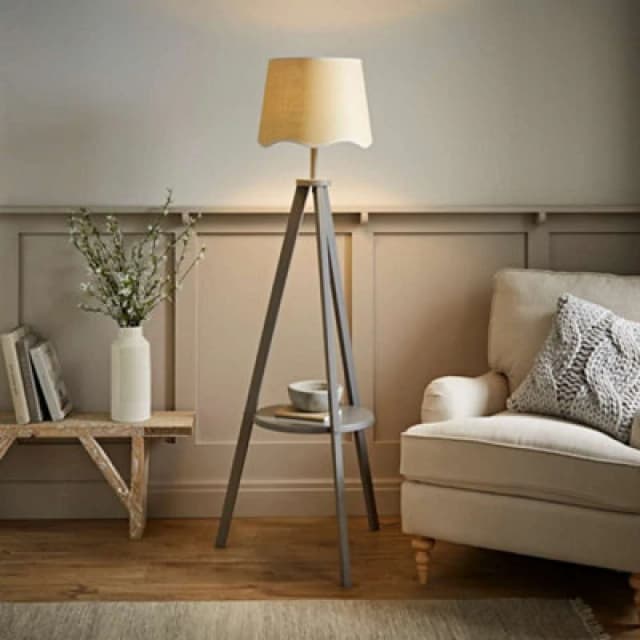 ValueLights Morrigan Grey Wood Tripod Floor Lamp with Scallop White Trim Tapered Lamp Shade Grey