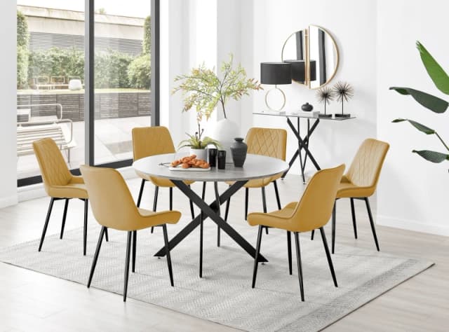 FurnitureboxUK FurnitureboxUK Novara Grey Concrete Effect Black Leg 120cm Round Dining Table & 6 Pesaro Black Leg Chairs in Mustard Mustard One Size U