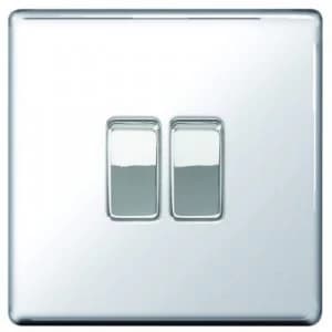 Wickes 10A Light Switch 2 Gang 2 Way Polished Chrome Screwless Flat Plate