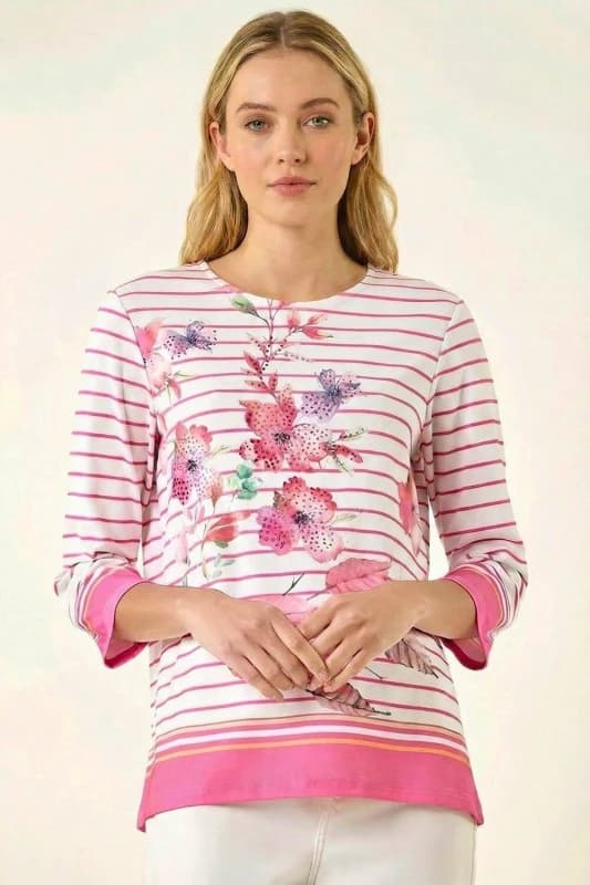 Roman Womens Stripe Floral Print Stretch Top in Pink Size: 16 Pink Female 16