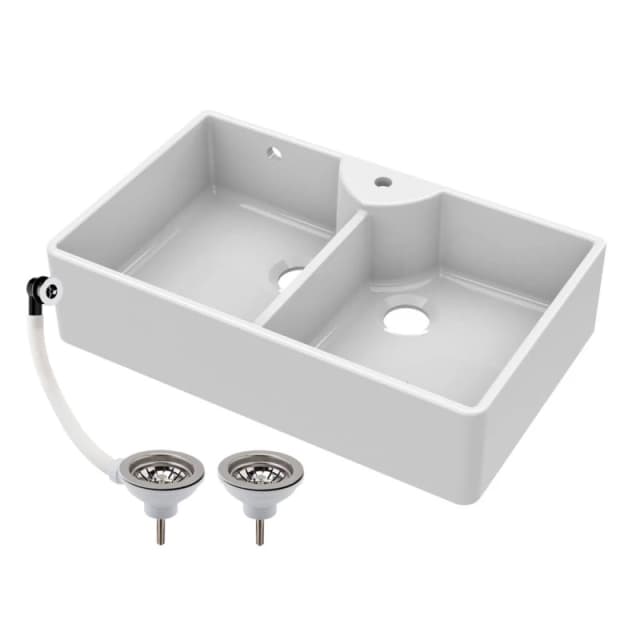 BALTERLEY Balterley - 895mm - Double Bowl Fireclay Butler Kitchen Sink - Stepped Weir, Tap Hole & Waste BKS217W