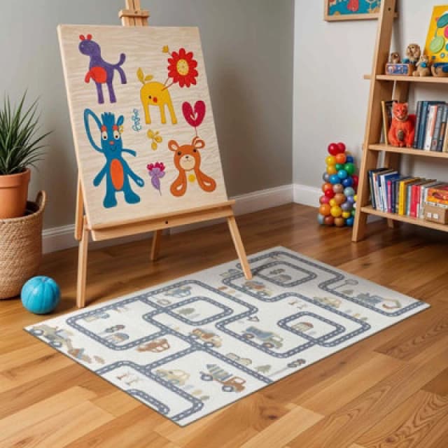 Livabliss Kids Machine Washable Beige/grey Bedroom Vroomville Area Rug 160 X 213cm - Easy Care, Soft & Safe Rug For Kids Spaces