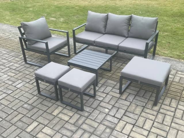 Fimous Aluminium Outdoor Garden Furniture Set Lounge Sofa Chair Square Coffee Table Sets with 3 Footstools Dark Grey Dark Grey Unisex