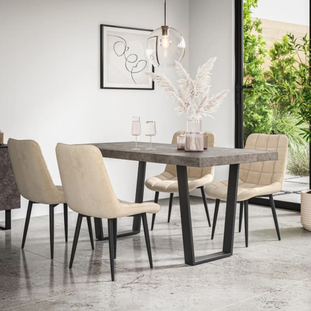 More4Homes Aria Dining Table And Chairs - Concrete Effect Table Top W Black Legs + Nova Velvet Dining Chair Set Of 4 (Beige)