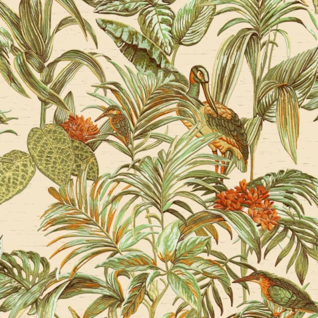 DUTCH WALLCOVERINGS Dutch Wallcoverings - Cream Green Orange Tropical Wallpaper Birds Palm Textured Paste the Wall Vinyl 8809660031698
