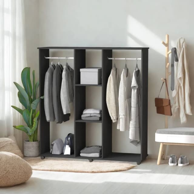 FURNOS Open Wardrobe Clothes Rail With Storage Shelves on Wheels Black Unisex