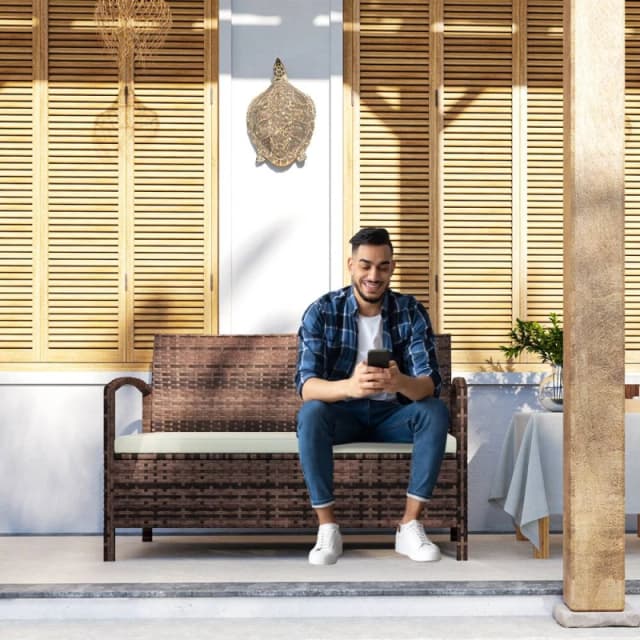 Outsunny Rattan Garden Bench w/ 125L Storage, Cushioned Outdoor Bench, Brown Brown