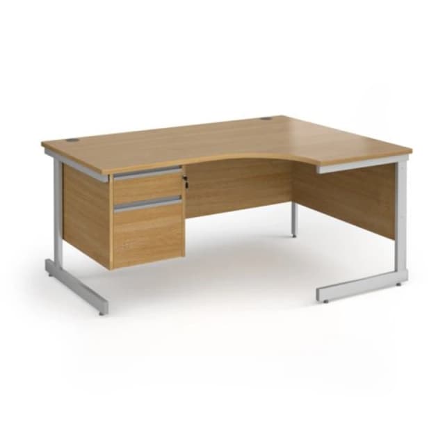 Contract 25 Right Hand Silver Frame Ergonomic Office Desk with 2 Drawer Pedestal - 1600mm - Oak