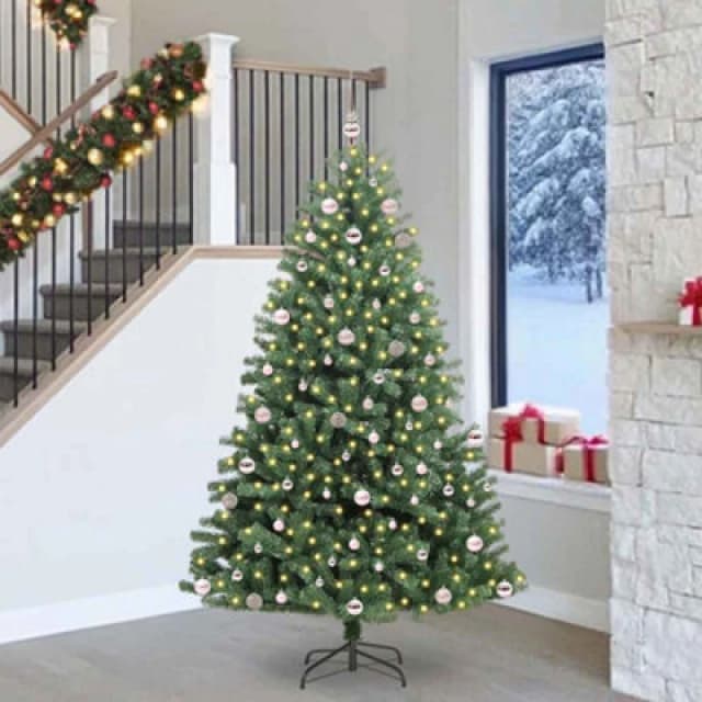 vidaXL Artificial Hinged Christmas Tree, Pink Balls Green 240cm PVC and Metal, Green 3395507