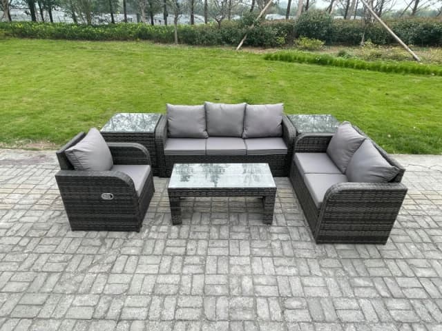 Fimous 6 Seater High Back Rattan Garden Furniture Set with Loveseat Sofa Rectangular Coffee Table 2 Side Tables Indoor Outdoor Patio Lounge Sofa Set D