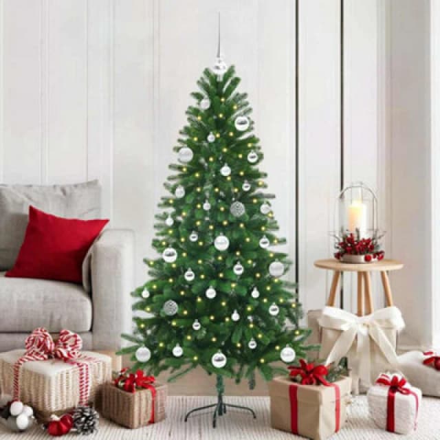 vidaXL Christmas Tree with 150 LEDs, Silver Balls with Stand Green 150cm PE, Green 3396323