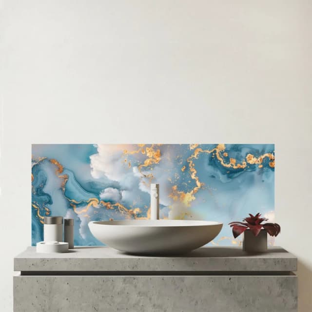 Warren Reed - Designer Blue & Gold Marble Effect Glass Bathroom Splashback Blue Unisex