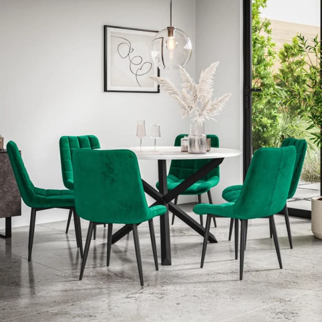 More4Homes Malvern Round Dining Table And Chairs - Marble Table Top W Solid Black Oak Legs + Nova Velvet Dining Chair Set Of 6 (Green)