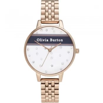 Ladies Olivia Burton Pink & Navy Stripe & Rose Gold Bracelet Watch