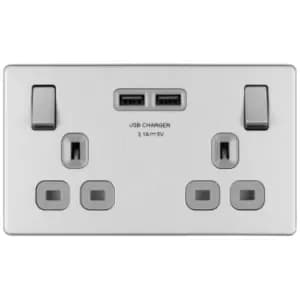 Bg Brushed Steel 13A 2 Gang Switched Socket + USB - Screwless Flatplate
