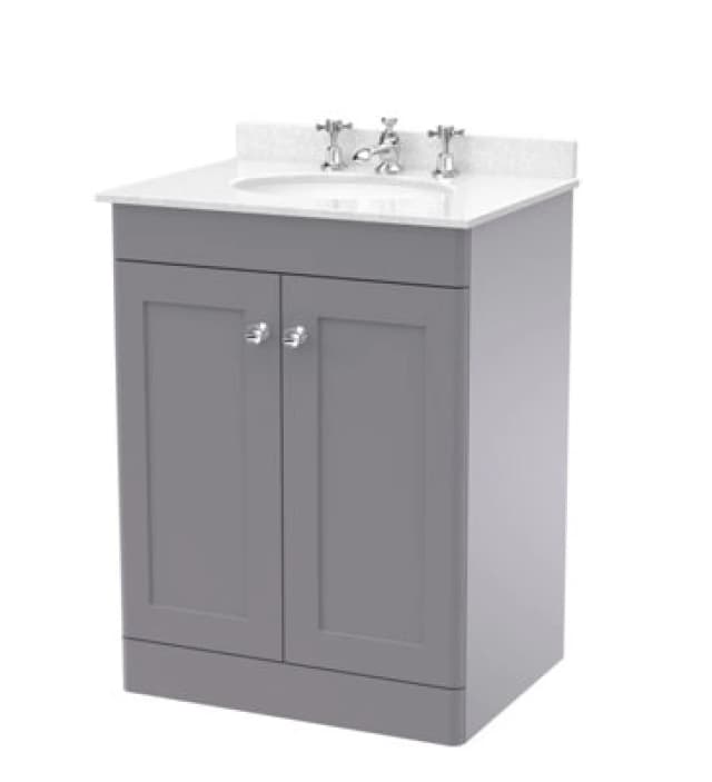 Nuie Classique Floor Standing 2 Door Vanity Unit & 3 Tap Hole White Marble Top With Oval Basin
