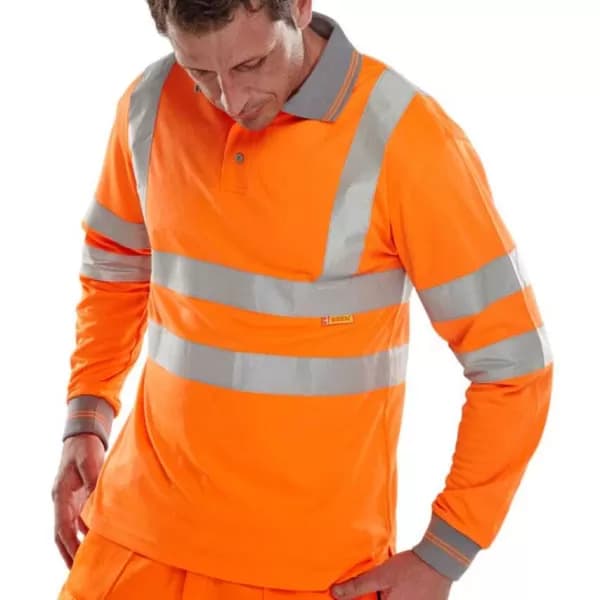 B SEEN High Visibility Polo Shirt, Long Sleeved, Orange, Small
