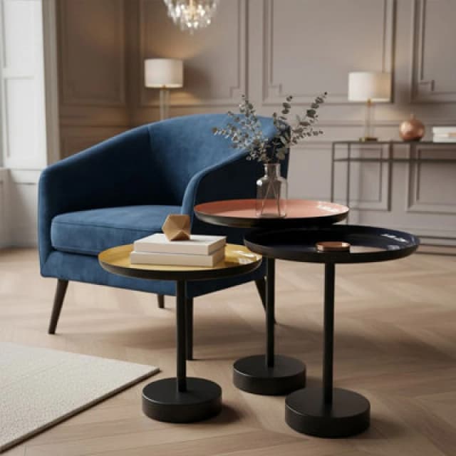 Premier Housewares Versatile Set Of Three Gold And Black Tray Tables, Elegant Sitting Room Table, Durable Statement Side Table Black