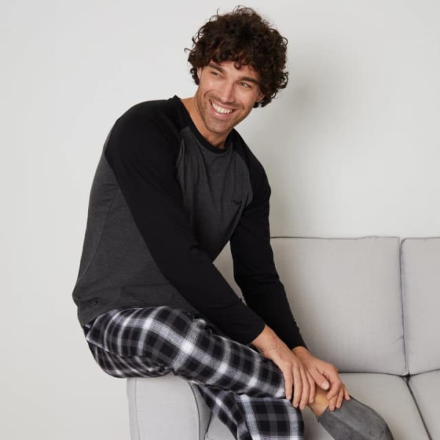 Threadbare 'Hamilton' Cotton Blend Check Pyjama Set Charcoal male