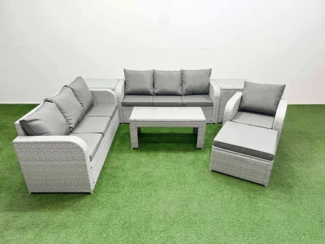 Fimous 8 Seater Poly Rattan Outdoor Garden Furniture Oblong Coffee Table Sofa Set Patio 3 Seater Sofa Reclining Chair 3 Seater Sofa Big Footstool 2 Si