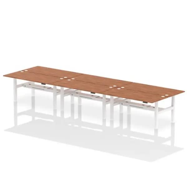 Air Air Back-to-Back 1800 x 800mm Height Adjustable 6 Person Bench Desk Walnut Top with Cable Ports White Frame HASCP6P18800WNTW