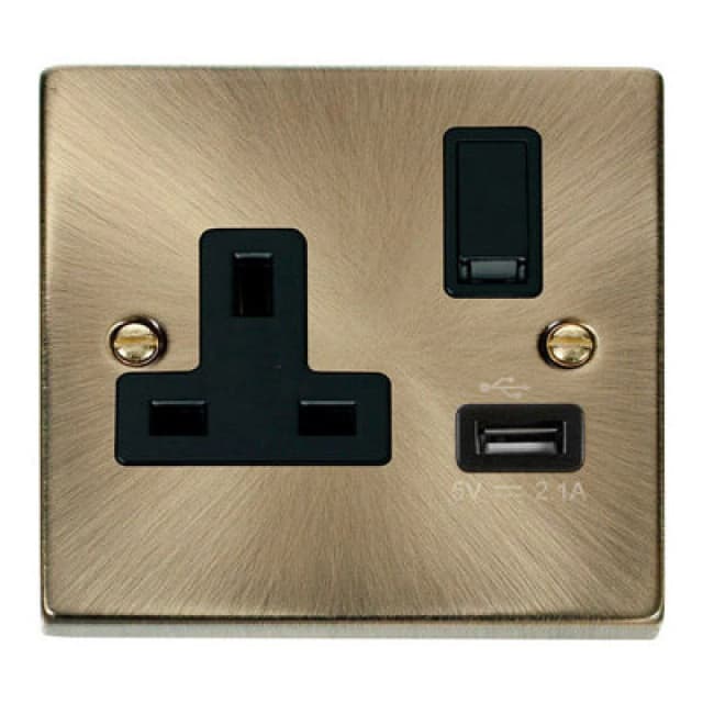 SE Home Antique Brass 1 Gang 13A DP 1 USB Switched Plug Socket Gold unisex